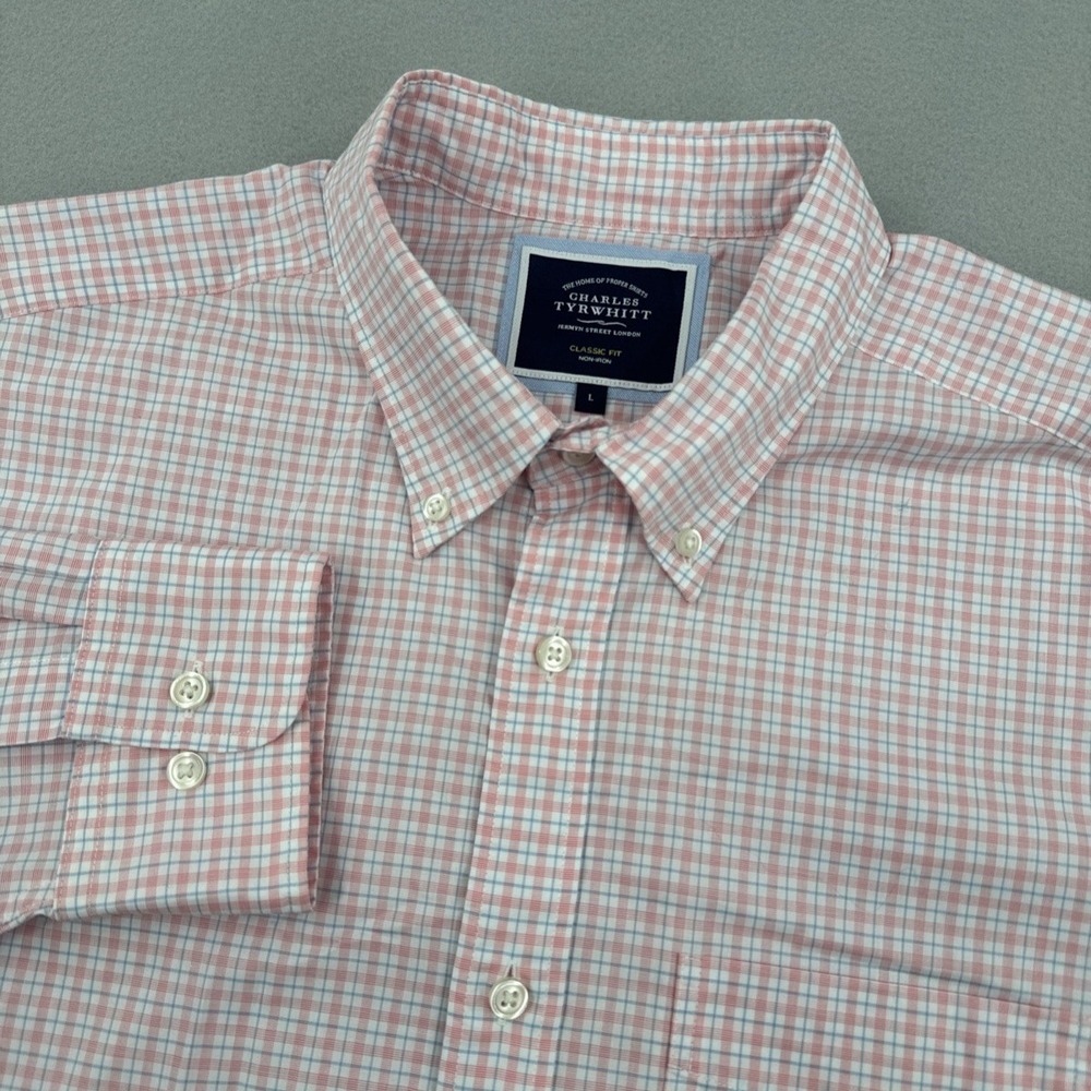 Charles Tyrwhitt Non-Iron Classic Fit Button Down Men L Pink Plaid Preppy Casual